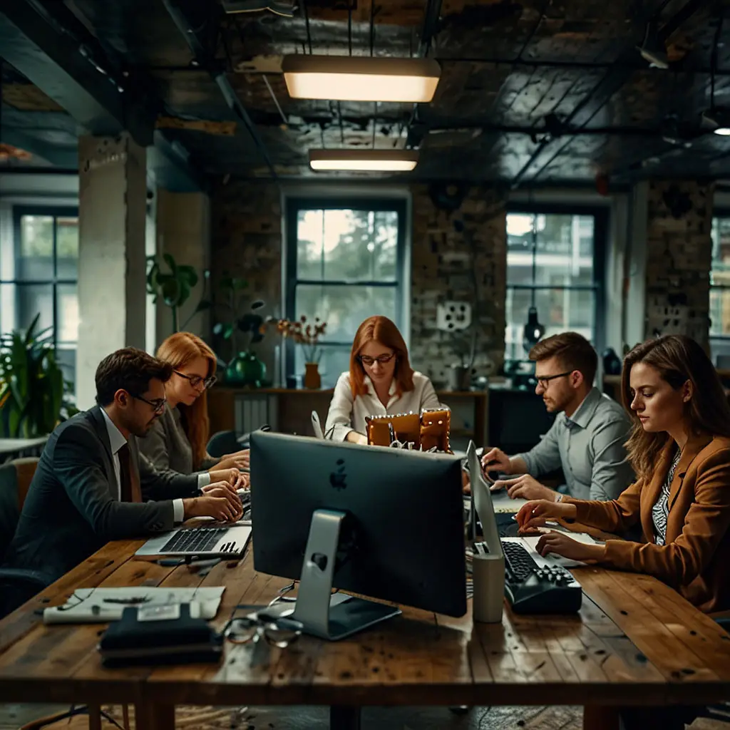 Cinq professionnels au travail en agence web | Whelk inc.